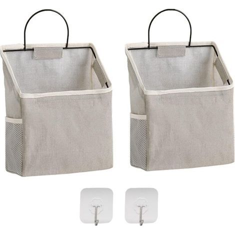Lot de 2 sacs organisateurs suspendus en coton et lin gris – rangement mural compact pour placard, salle de bain ou chambre (1/4)