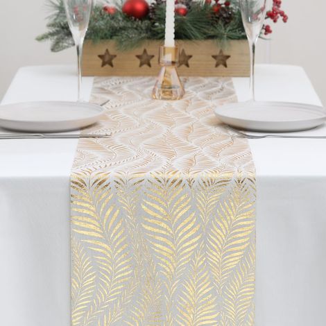 Chemin de Table Or à Motif Feuille de Saule 28cmx275m, Chemin de Table en Polyester Elégant, Décoration pour Fête, Anniversaire, Noël, DIY, Emballage