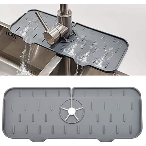 Tapis de Robinet en Silicone, 37 x 14cm Attrape-Éclaboussures de Robinet, Para-Éclaboussures d'Évier de Robinet de Cuisine, Tapis Pliable de Drainage évier de Derrière Le Comptoir (Gris) (1/5)