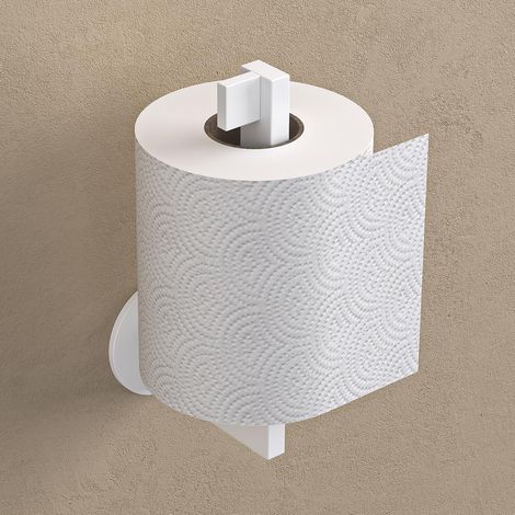 Lion-04 Porte-rouleau de papier toilette, moderne, en acier inoxydable, avec colle, pour salle de bain, blanc mat (1/5)