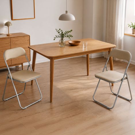 Dmora - Set di 2 sedie pieghevoli Antenore, Poltrona salvaspazio, Sedia per ospiti, Seduta per riunioni in simil ecopelle, 43x47h80 cm, Beige (1/5)