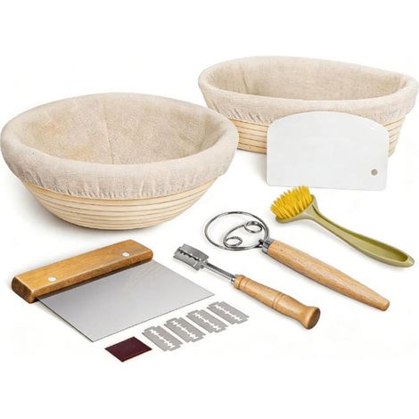 2 Panier de fermentation, rotin naturel, doublure en lin, lame à pain, racloir, fouet, pour boulangerie et amateur (1/5)
