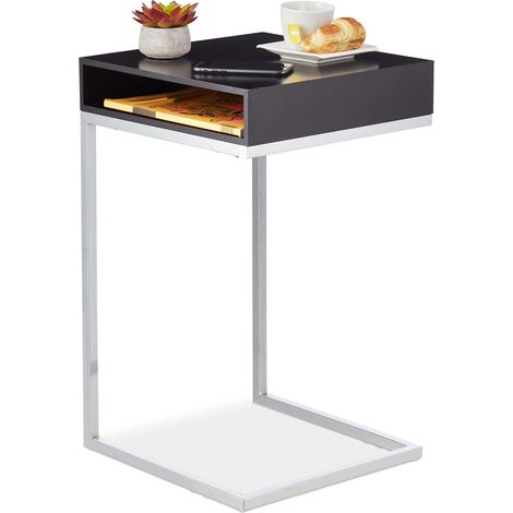 Guéridon, Forme de C, HxLxP : 63x37x38 cm, Table d’appoint près du canapé, MDF et métal, étagère, Noir/argenté (1/5)