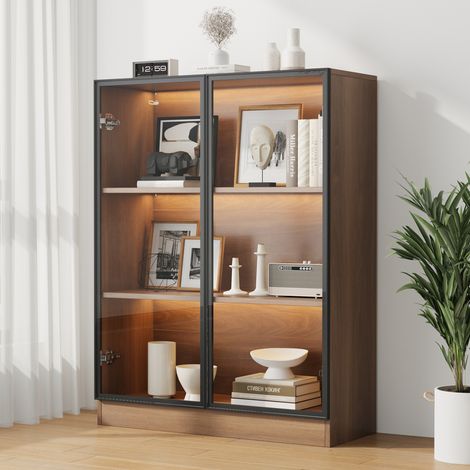 Vitrine en verre 80x32x106 cm en bois et aluminium naturel, avec rangement pour salon FloraGrace (1/5)