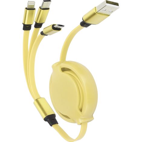 Câble de charge rétractable 3 en 1 avec ports Type-C, Lightning et Micro USB, 3A, couleur jaune (1/5)