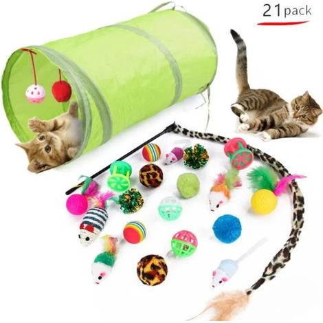 Assortiment de jouets pour chats, ensemble de 21 pièces : baguette à griffer, tunnel, balles, jouets interactifs pour chatons (1/4)