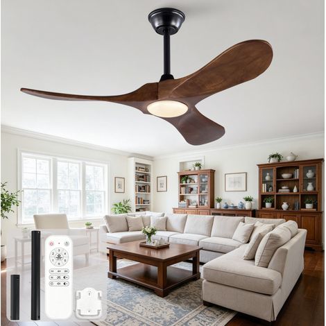 Ventilateur de plafond 42 pouces avec LED, 3 pales en bois , moteur silencieux réversible, noir noyer (1/5)