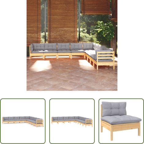 Terrassensofa - 9-tlg. Garten-Lounge-Set mit Grauen Kissen Kiefer Massivholz (1/5)