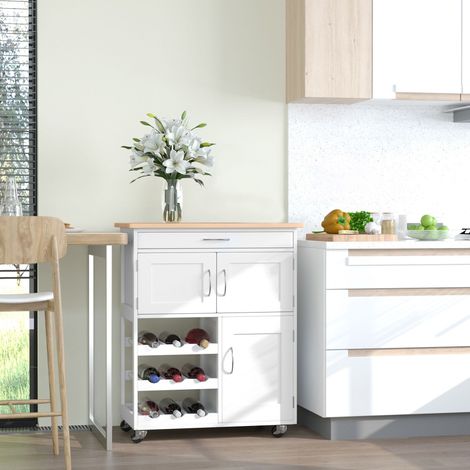 Carrello di servizio con cassetto, 2 armadietti e 3 ripiani a giorno per 9 bottiglie, 67x37x87 cm, bianco (1/5)