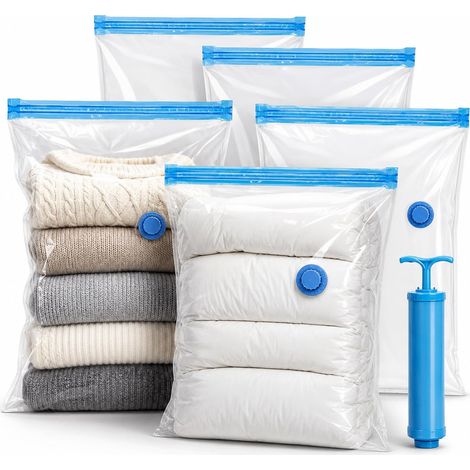 Sacs Rangement Vêtements Sous Vide Lot de 5 avec Pompe Manuelle, Sac Transparent Réutilisable Anti Humidité pour Couettes et Oreillers, Rangement Sous Vide Vetement Compatible Aspirateur (1/5)