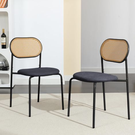 Lot de 2 Chaises de Salle à Manger en Rotin Synthétique, Vintage Chaise Cuisine avec Dossier en Rotin, Chaises de Cuisine Assise Capitonnée, pour Salle à Manger, Salon, Chambre (Noir)