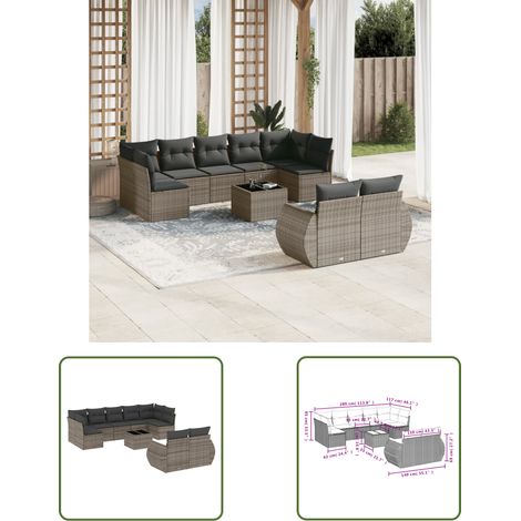 The Living Store 10-tlg. Garten-Sofagarnitur mit Kissen Grau Poly Rattan - Gartenmöbel Set - PE-Rattan Möbel - Outdoor Lounge - Esstisch Set - Balkonmöbel (1/3)