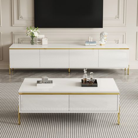 Ensemble Meuble TV 170 cm et Table Basse 100 cm Blanc Laqué, Bordures et Pieds Métal Doré, Portes et Tiroirs de Rangement, Ensemble Salon Design Luxe Moderne (1/5)