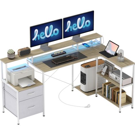 Bureau d'angle - HOMCOM - prises et lumières LED RGB - support d'écran, 2 tiroirs - bois - 172 x 100 x 89 cm - blanc