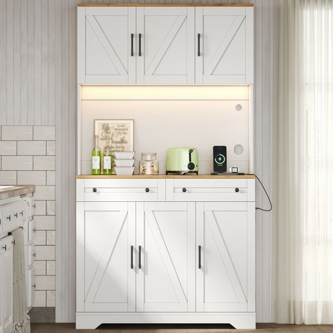 Meuble de cuisine haut, armoire de rangement avec éclairage LED et prises intégrées, placard de provisions avec organiseur coulissant et rangement de porte, buffet vitré pour salon et salle à manger, (1/5)