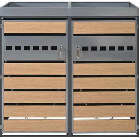 Armoire de rangement pour poubelles avec jardinière, acier galvanisé, portes verrouillables, gris et effet bois (1/5)