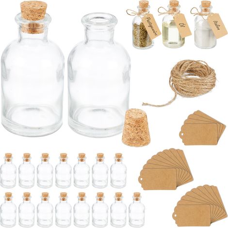 Relaxdays Set da 20 Bottigliette in Vetro per Bomboniere, Bottiglie da 60 ml, Barattolini con Tappo, Trasparente Marrone (1/5)