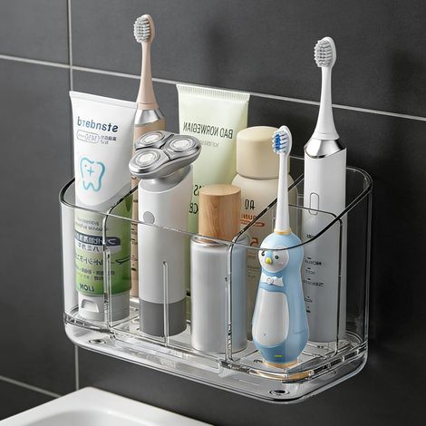 1 Porte-Brosse à Dents, Support Mural et Comptoir, Acrylique Transparent, 6 Fentes, Adhésif Sans Percer, Salle de Bain (1/5)