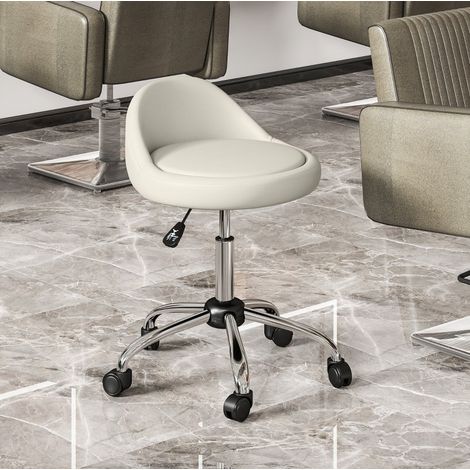 Taburete de trabajo регулируable en altura 63-83 cm con ruedas en piel sintética blanca OKWISH (1/5)