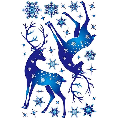 Weihnachtliche statische Aufkleber, blaue Rentiere, Schneeflocken, Aufschrift, 30 Stück. (1/3)