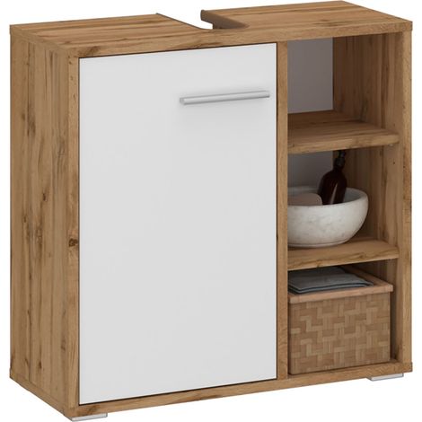 Idimex – Meuble bas de salle de bain sous lavabo – Mélaminé chêne wotan et blanc – 1 porte avec 3 étagères – Dimensions 60 x 30 x 60 cm (1/4)