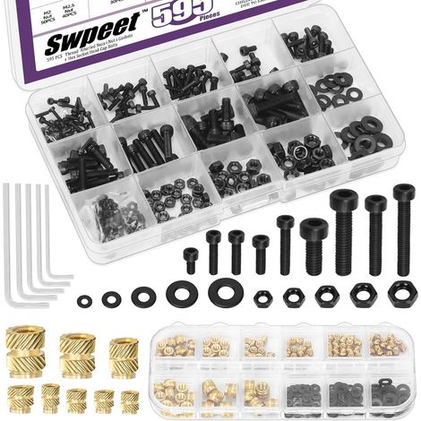 595 pièces M2 M2.5 M3 M4 M5 12.9 en acier allié Vis à douille hexagonale et inserts filetés en laiton avec écrous, rondelles, clés à molette, assortiment de vis, douilles hexagonales (1/5)