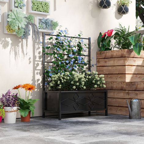 Macetero elevado con celosía, acero galvanizado con diseño de rombos, 90 x 40 x 120 cm, negro.