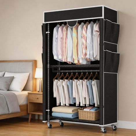 Portant à Vêtements sur Roulettes, 90 x 45 x 204 cm Penderie en Métal, Vestiaire, avec Étagères Réglables, Tringles, couverture, Construction acier carbone, Noir