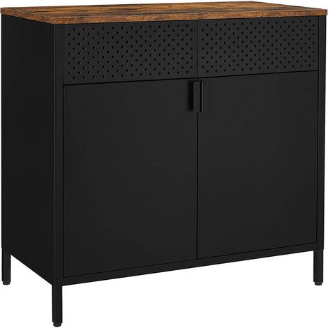 Meuble de rangement buffet double porte aimantée avec étagère réglable pour salle à manger salon cuisine entrée cadre en acier style industriel 80 cm marron rustique et noir (1/3)