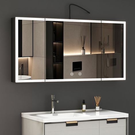 3 Türen Spiegelschrank mit Beleuchtung 120 x 60 cm, Bad-Hängeschränke Spiegelschrank Bad mit Beleuchtung, Touch-Schalter, 3 Einstellbare Lichtfarben, Beschlagfrei, Schwarz