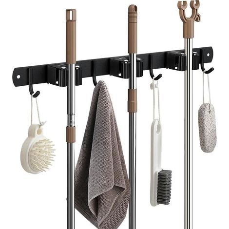 Accroche Balai Mural - Porte Balai En Acier Inoxydable - 3 Emplacements + 4 Crochets - Pour Cuisine Buanderie Jardin Garage - Noir - 1 Set