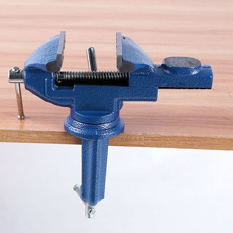 Schraubstock aus legiertem Stahl, 300 kg Spannkraft, 70 mm Backen, rutschfeste Unterlage, blau, für die Holzbearbeitung, robuste Tischmontage. (1/5)