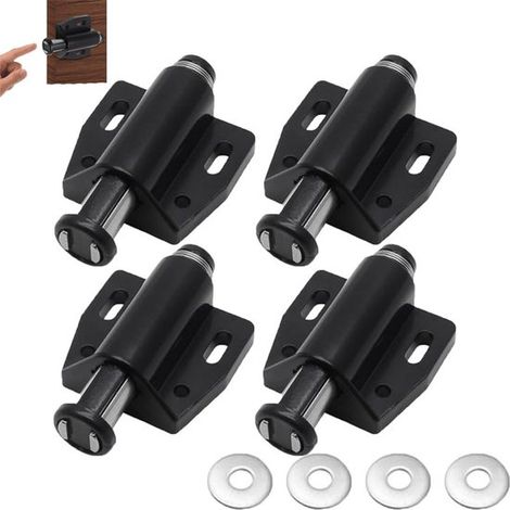 Lot de 4 - Verrou magnétique tactile pour portes de placard - Verrou noir avec crochet tactile et mécanisme à vis - Noir - Convient aux tiroirs, armoires et portes de meubles noirs (1/5)