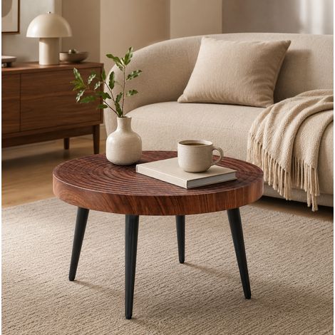 Tavolino da caffè rotondo in MDF e metallo, 60 cm, noce scuro, compatto per piccoli salotti (1/5)