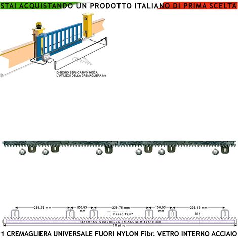 Asta Cremagliera Universale Antirumore M4 da 1 Metro Denti in Nylon Antiusura Interno Acciaio Portata Garantita 6 Q.li 6 Bulloni Collaudo 10 Q. Ricambio Cancello Scorrevole Giunture a Coda di Rondine (1/4)