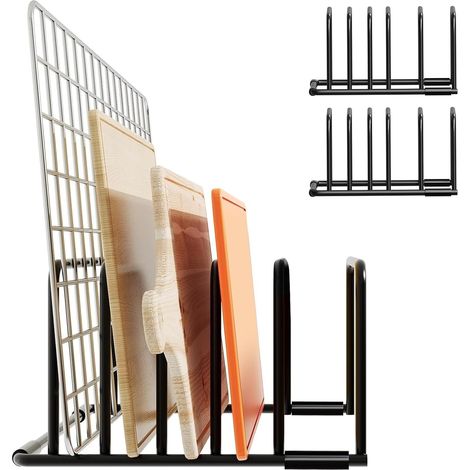 Set di 2 porta-taglieri e porta-coperchi — Porta-coperchi a 5 scomparti — Organizzatore da cucina — Supporto per tagliere in metallo (1/4)