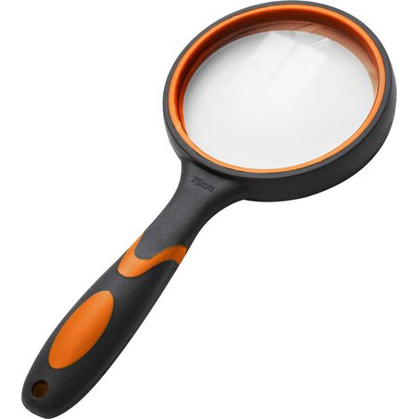 Große Leselupe aus Glas, hochwertig – ideal für Bücher, Zeitungen, Insektenbeobachtung & Hobby, Schwarz-Orange
