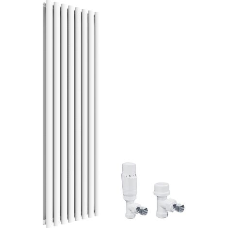 ELEGANT 1600 x 480 mm White Vertical Column Rads Double Oval Panel Designer Bathroom Radiator + Angled Radiator Valves (1/5)