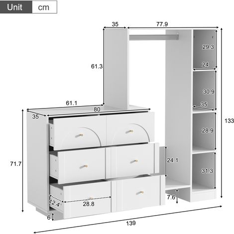Armadio moderno multifunzionale, aperto con asta appendiabiti, 6 cassetti e ripiani laterali, mobile contenitore per camera da letto, bianco, 139 × 35 × 133 cm (1/5)