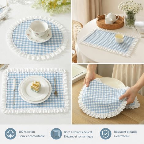 Lot de 2 Sets de Table Carreaux Bleus Coton Rond 38 cm et Carre 30 x 45 cm Dentelle (1/4)