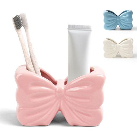 Porte-brosse à dents à nœud papillon, ensemble brosse à dents et dentifrice à double compartiment,pour salle de bain - Rose (1/5)