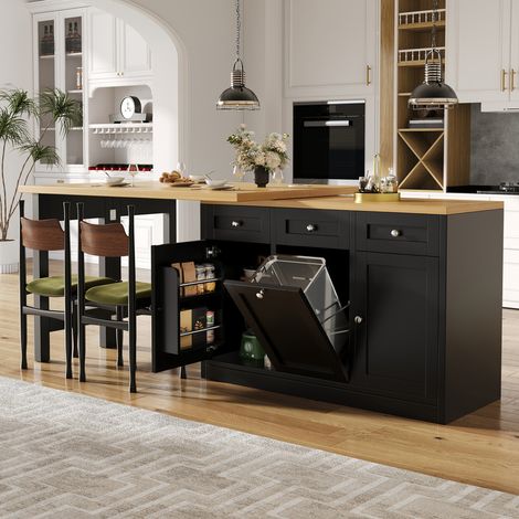 îlot de cuisine avec table à manger pliable,tiroir,étagère à apéritif,Table de bar extensible avec rangement,support de poubelle coulissant,Noir