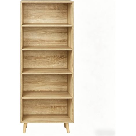 Étagère bibliothèque à 5 compartiments en mélamine blanche avec pieds en bois massif 60x24x144 cm (1/5)