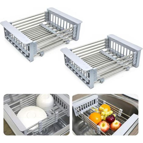 2x Haven Stainless Steel Retractable Kitchen Sink Rinse Basket Shelf, Grey (1/5)