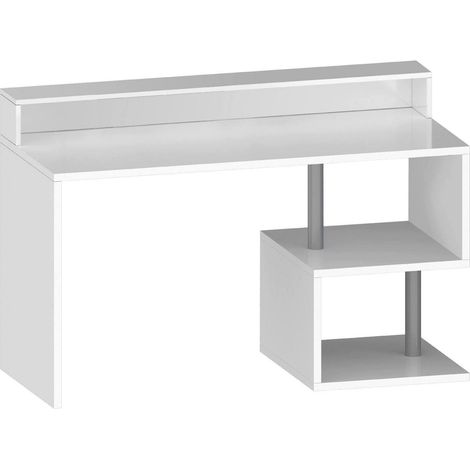 Dmora - Bureau Dcheryshe, bureau linéaire avec étagères de rangement, bureau polyvalent avec plateau, 140x60h93 cm, Blanc (1/5)