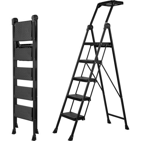 Escabeau 5 Marches, Échelle Pliable 200 kg avec Plateau à Outils Poignée rotative, marches antidérapantes, 200 kg, acier robuste, pliage compact pour maison, garage et bricolage (1/5)