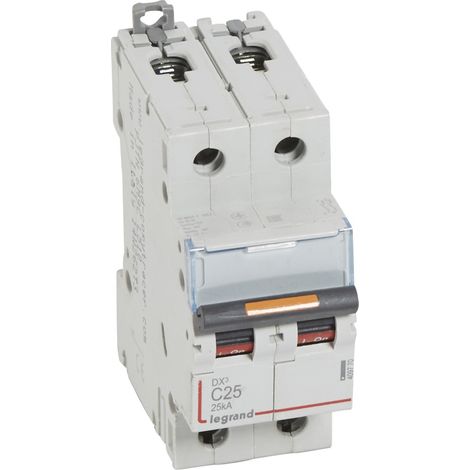 Disjoncteur DX³ 25kA arrivée haute et départ bas à vis 2 Pôles 230V à 400V 25A courbe C 2 modules LEGRAND 409770 (1/2)