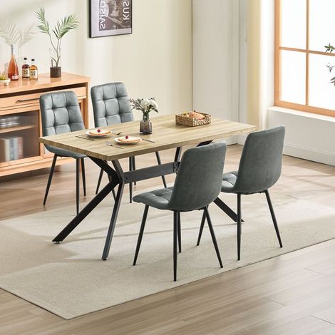 Table à manger avec 4 chaises - WAFTING - 140x80x73 cm - Chaises tissu technique gris foncé - Plateau MDF aspect bois (1/5)