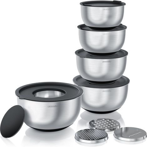Lot de 5 saladiers en acier inoxydable - Avec couvercles à fermeture sécurisée - 3 embouts de râpe - Bols mélangeurs de 1,6 à 5 litres - Fond en silicone - Passe au lave-vaisselle - Sans BPA (1/5)