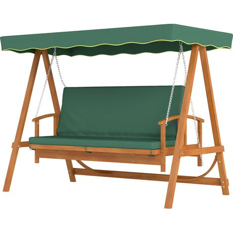 Balancelle Hollywood avec toit parasol, bois massif pour jardin, banc balançoire convertible en lit, 3 places, vert foncé (1/5)